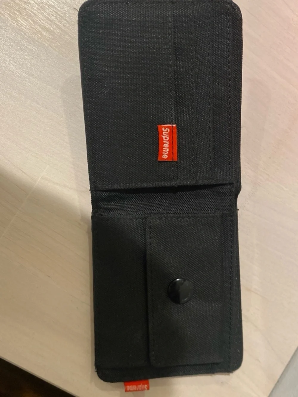 Supreme Black Leather Zip Card Holder with White Logo Print